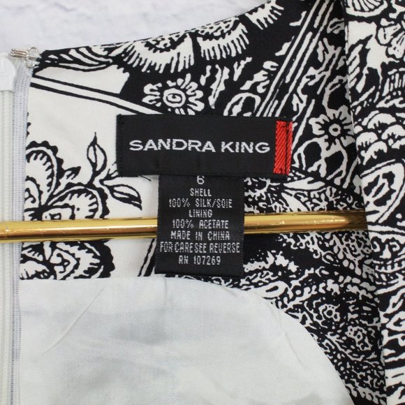 NWT! Sandra King Black White Silk Floral Paisley Square Neck Short Dress Size 6 - Picture 6 of 8